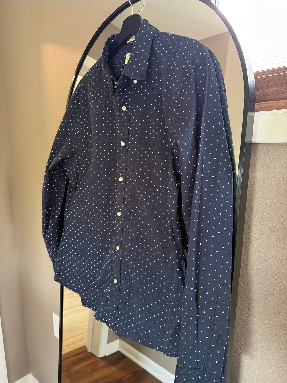 J. Crew Navy Button-Down Organic Cotton Shirt with White Dot Print